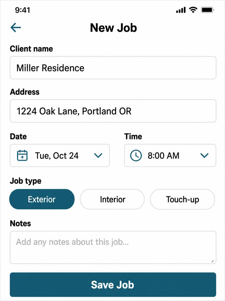 Paint Job add-a-job screen with client, address, date, time and job type